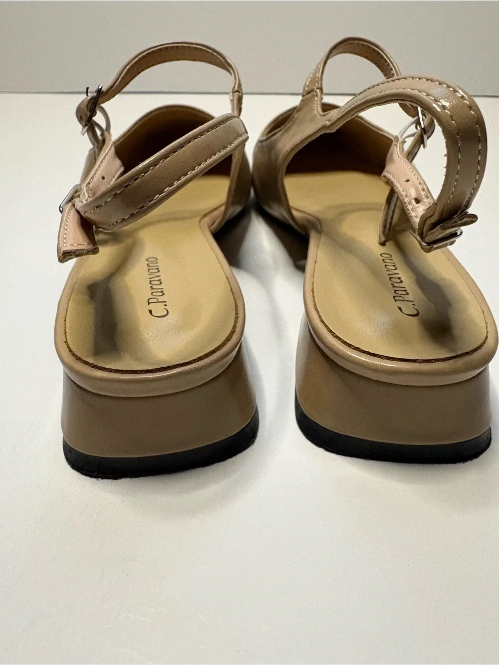 C. Petrovano Beige and Black Cap-Toe Slingback Flats